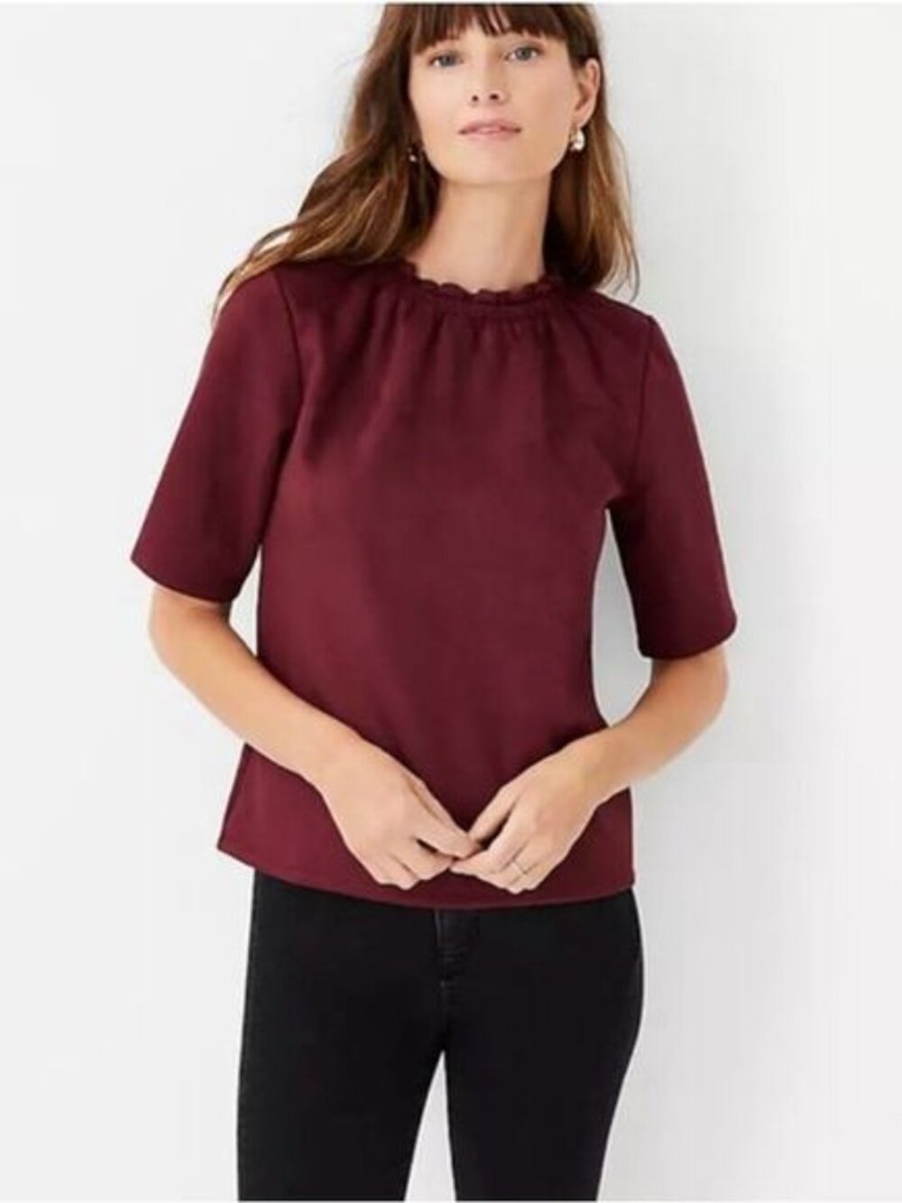 NWT Ann Taylor Sz L Faux Suede Top Elbow Sleeve Burgundy
